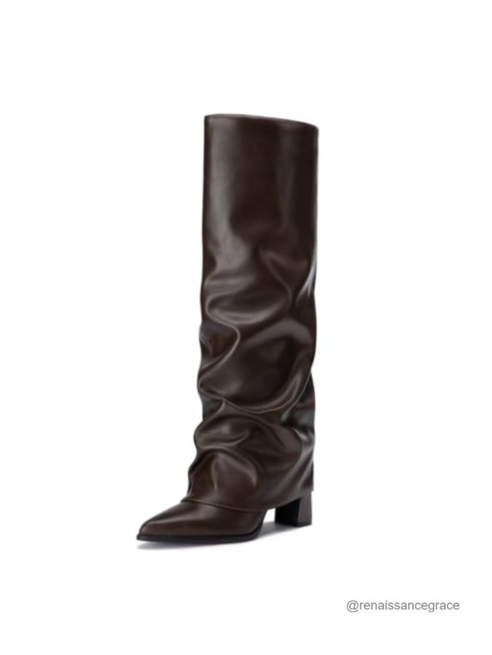 Knee High Boots Women Chunky Fold Over Faux Leather Pointed Toe Tall Boots